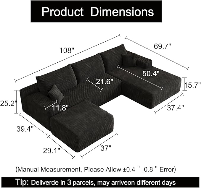 108 U Shaped Sectional Corduroy Boneless Couch with 1 Ottoman Modern Modular Couches for Living Room Apartments Upholstered Cloud Sofa with Deep Seat No Assembly Required (Black)