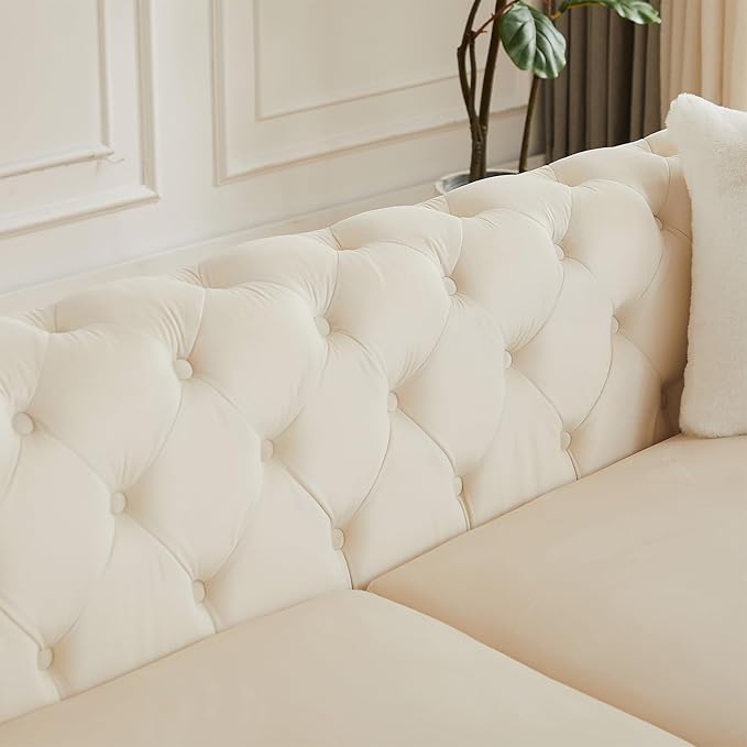 Sofa and Loveseat Set Chesterfield Vintage Mid Century Modern Velvet Fabric Upholstered Button Tufted Deep Seat Sofa Couch Furniture Set with 4 Throw Pillows for Living Room Office Beige (2 Pieces)