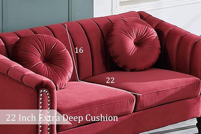 Chesterfield Chair Couch 40 Inch Luxurious Velvet Single Chair Chesterfield Settee Sofa Upholstered Rolled Arm with Rivets/Button Tufted Pillow Modern Sofa for Living RoomRed