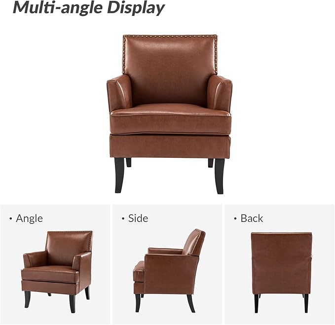 HULALA HOME Modern Faux Leather Accent Chair Comfy Upholstered Sofa Chair with Nailhead Trim Living Room Bedroom Armchair with Wood Legs Brown
