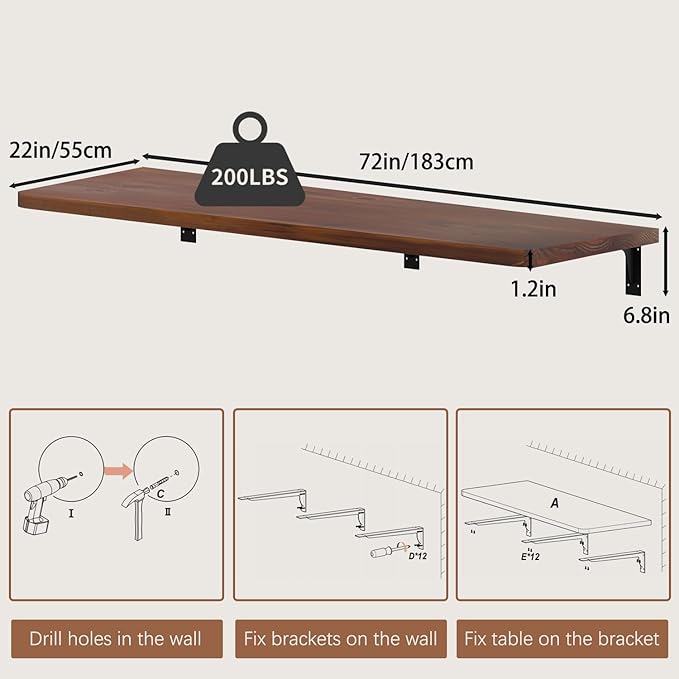 Floating Wall Mounted Table Desk with Pine Wood72 x 22 Workbench for GarageHome Office Desks with Heavy Duty BracketsWork Table for KitchenDiningLaundry (72 * 22 * 6.8 Inch)
