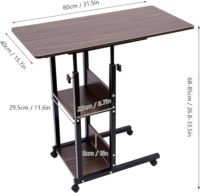 Portable Movable Computer Desk Height Adjustable Indoor C-Shaped Side Table Multifunctional Nightstand with 4 Universal Wheels and Storage Shelves for Living Room Bedroom Office Writing Desk