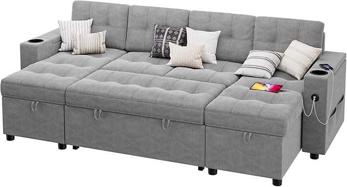 IDEALHOUSE U-Shaped Couches for Living Room Sofa Bed for Living Room with Reversible Storage Chaises and Hidden Storage Armrests Cup Holders and USB Charging Ports Included Light Grey