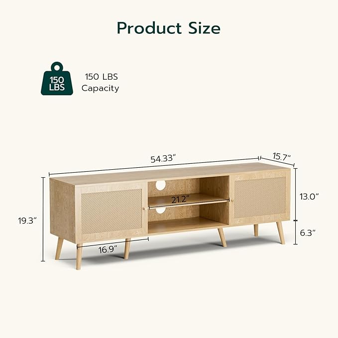 TV Stand for TVs up to 65'' Entertainment Center With Rattan Door Shelves &amp 2 Cabinets Long Boho Media Console for Living Room Natural
