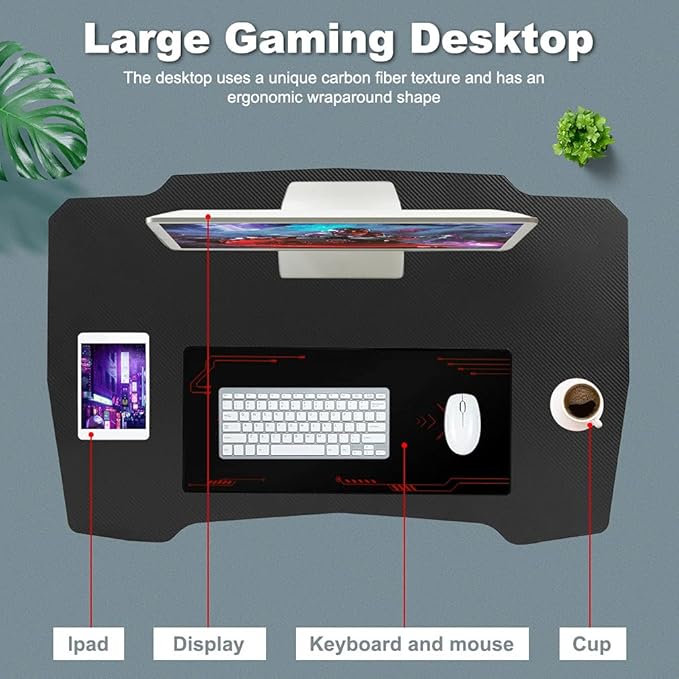 BestOffice Gmaing Desk 35.4in PC Computer Desk Z Shaped Gaming Workstation Ergonomic Gaming Table with Headphone Hook for Home Office Red