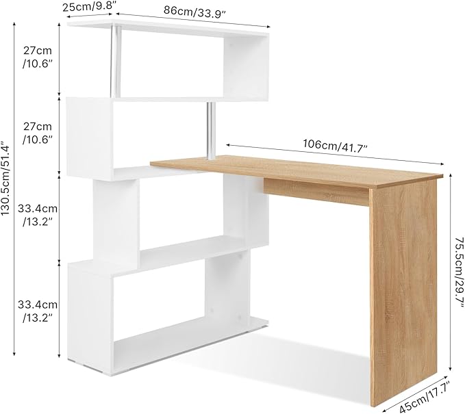 41.7 L Shaped Desk with 4-Tier Storage Shelves Computer Corner Desk for Study Home Office Living Room (Oak and White)