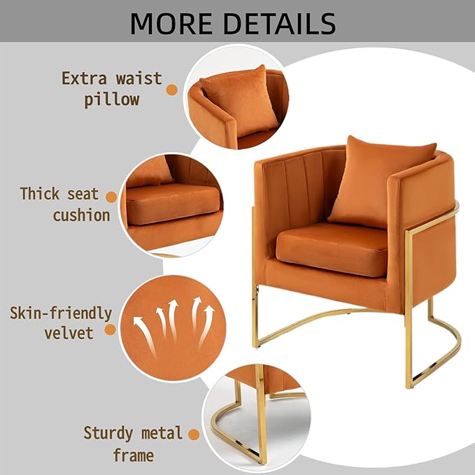 Velvet Modern Living Room Accent Chairs Set of 2 Upholstered Mid-Century Barrel Chairs for Bedroom Side Club Reception Chairs with Gold Metal Legs Orange