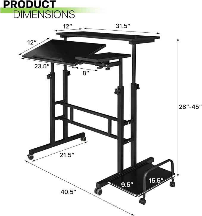 Magshion Standing Desk with Wheels Height Adjustment from 28 to 45 Sit to Stand Up Mobile Computer Desk Rolling Laptop Cart for Home Office Walking Pad Writing and Gaming Black