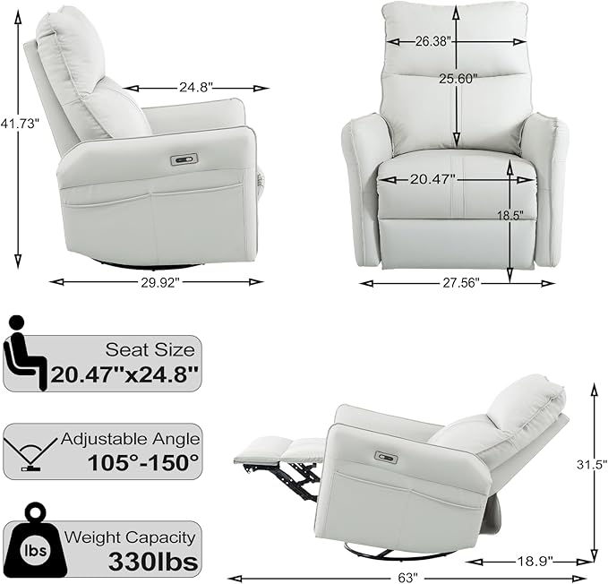 cinkehome Power Swivel Rocker Recliner with USB Overstuffed Electric Reclining Chair Faux Leather Rocker Recliner for Nursery Living Room Light Grey