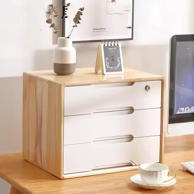 Desktop File Cabinet Solid Wood Storage Box with Lock Desktop Organizer Storage Box Rustic Dresser Desk Drawers Organizer and Accessories Locking Filing Cabinet (A 3 Drawer)