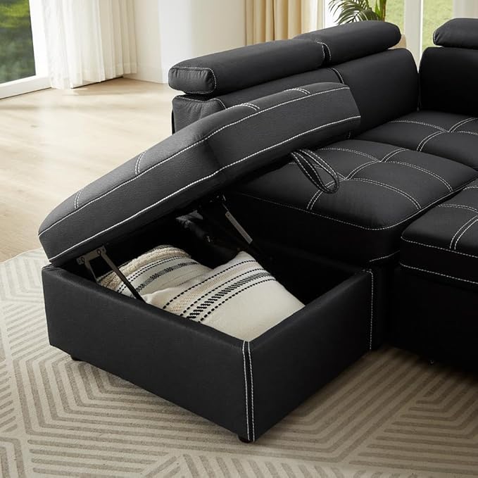 113 inch Ultra-fine Fiber Segmented Sleeper Sofa with Pull-Out Bed Recliner and Storage Ottoman Style Sofa with Adjustable headrests and Degree Rotating Side Table
