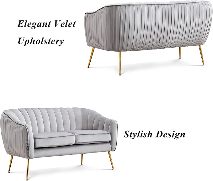 Artechworks Contemporary Tufted Velvet Tub Barrel Loveseat Sofa Chair Upholstered Couch with Golden Metal Legs Club Two-Seat Sofa for Living Reading Room Bedroom Apartment Small Space Dorm Grey