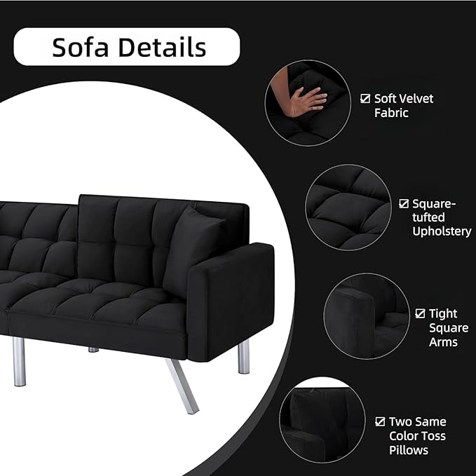 Convertible Futon Sofa Bed 74 Inch Sleeper Couch Bed with Velvet Upholstery Sofa Couch with Adjustable Backrest Pillows Square Tufted Design for Living Room Home Office Black