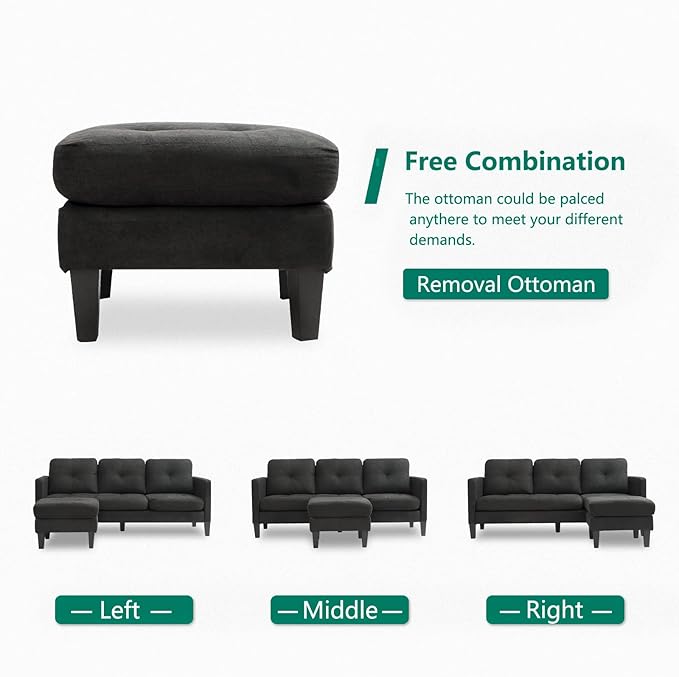 Convertible Sectional Sofa Couch with Chaise Black L Shaped Couch Sofa Set with Reversible Ottoman Modern Small Sectional Couches for Living RoomApartmentSmall Spaces (Black)