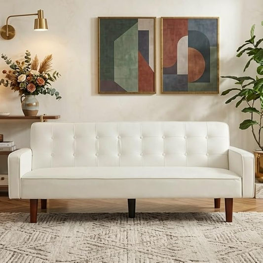 Modern PU Leather 3-Seat Couch Adjustable Backrest Convertable Sofa Sleek Minimalist Fold Out Couch Loveseat with Armrests Sofa for Living Room Home Office Spaces White