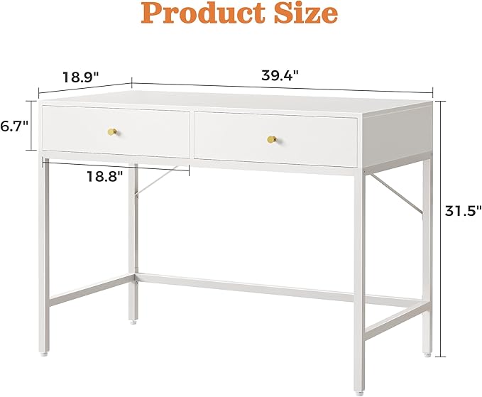 SUPERJARE 39.4 White Desk with 2 Drawers Modern Makeup Vanity Desk Small Computer Desk Home Office Desk for Writing Study Bedroom