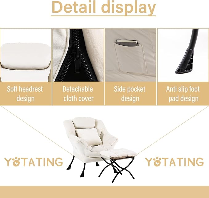 Lazy Chair with Ottoman Comfy Reading Lounge Chair with Footstool &amp Throw Pillow Modern with Armrests &amp Side Pocket for Living Room Bedroom Dorm Room Velvet Beige