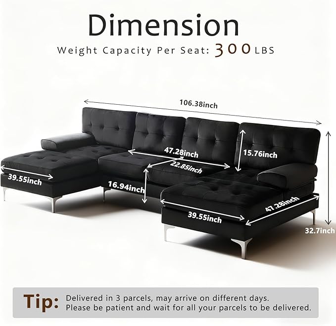 Wimarsbon 106” U-Shaped Couch with Double Chaise Modern Upholstered 4-Seat Sectional Sofa Set for Living Room Bedroom Apartment Easy to Assemble (Black/Velvet)