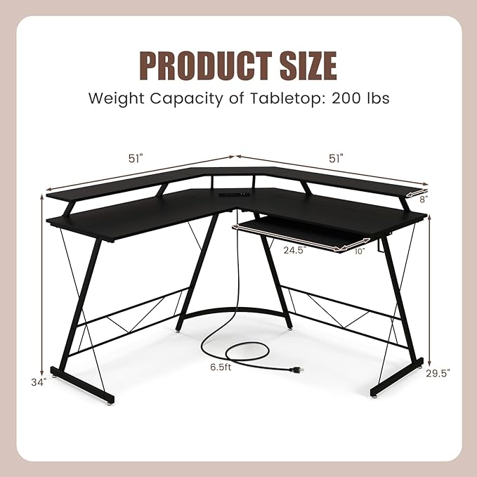 Giantex L Shaped Computer Desk with Power Outlet 51 Corner Computer Desk with Monitor Stand and Reversible Keyboard Tray Modern Gaming Desk with Hook Home Office Desk Workstation (Black)
