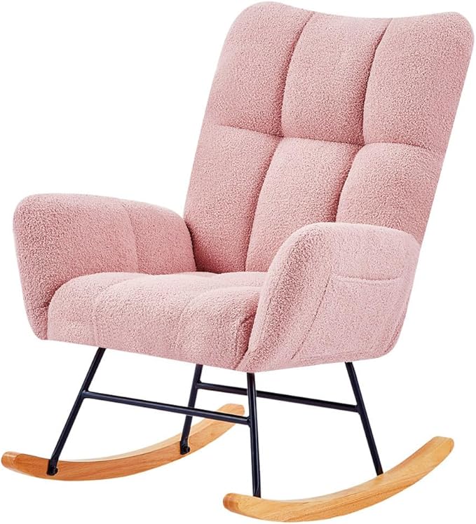 Teddy Rocking Chair Nursery Modern Teddy Fabric Nursing Chair for Mom and Baby Accent Upholstered Rocker Glider Chair with High Backrest for Nursery Living Room Bedroom (Pink)