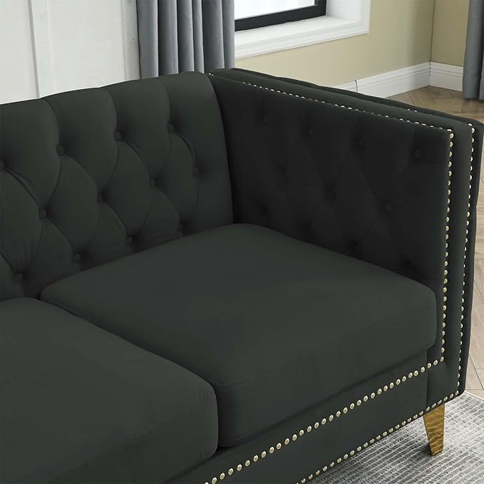 Antetek L Shaped Couches for Living Room Modern Button Tufted Velvet Sofa Couch with Square Armrests Inlaid with Gold Nail Heads Upholstered Corner Sofas for Living Room Office Apartment Black