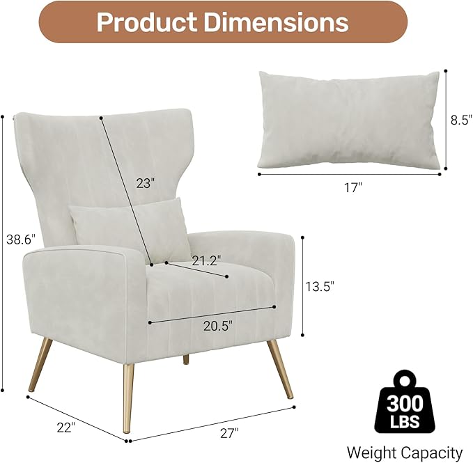 Velvet Accent Chair Set of 2Wingback for Living Room High Back Arm Chair with Golden Legs Lumbar Pillow Upholstered Single Sofa Bedroom Beige