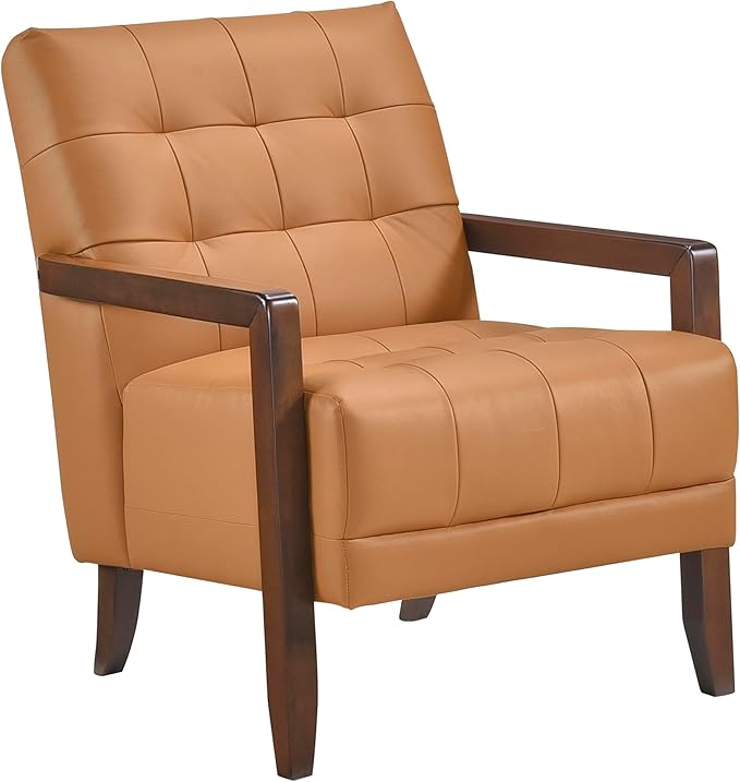 Lexicon Modern Accent Chair Luxury Genuine Leather Match Living Room Chair with Tufted Cushions Solid Wood Frame and Arm Rest Comfy Upholstered Single Seat for Bedroom/Reading/Office Orange