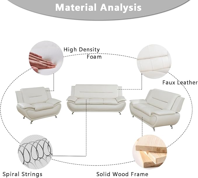 Leather 2 Piece Sofa Set Sectional Couch Modern Sofa for Living Room Bedroom - B-Creamy White
