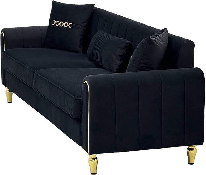 Modern 3-Seaters Velvet Sofa Upholstered Couch with Pillows and Gold Metal Legs for Living Room Office Apartment (Black)