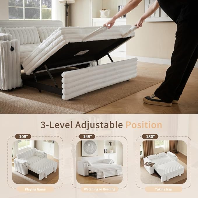 68 Corduroy Convertible Sofa Bed with USB Storage Armrests &amp Pillows – 3-in-1 Foldable Sleeper Chair Floor Couch for Living Room Bedroom Guest Room (ZY-1109-White)