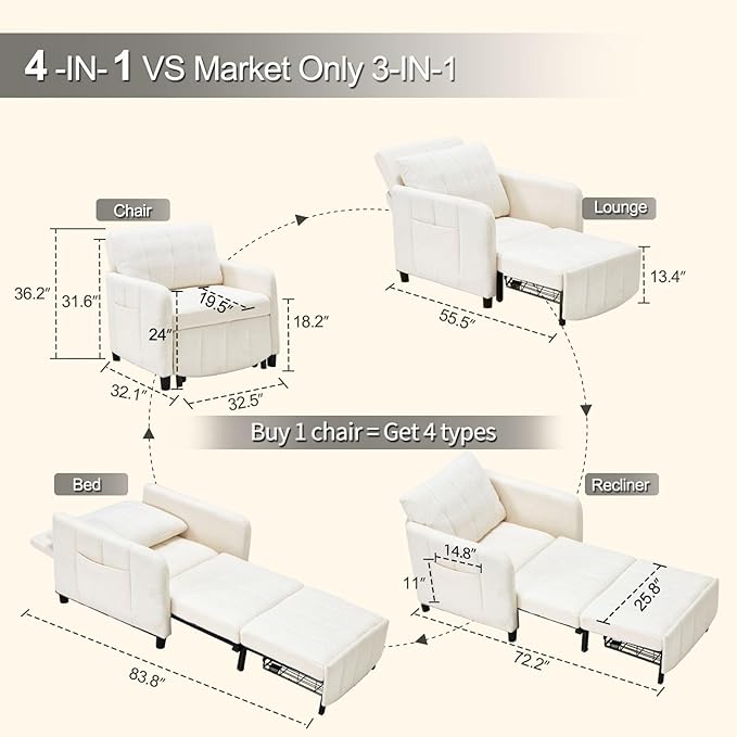 Sleeper Chair 84 Extra Long Convertible Chair Bed Upgraded 3-in-1 to 4-in-1 Pull Out Chair &amp Single Sofa Bed for Adult Sleeping Chair for Living Room &amp Small Space (White)