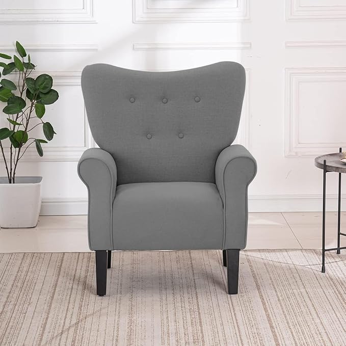 YOLENY Modern Accent ChairHigh Back ArmchairUpholstered Fabric Button Single Sofa with Wooden Legs for Living RoomBedroomClubGrey