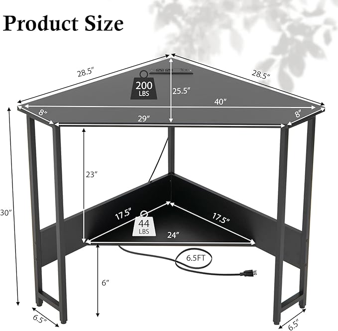 GOFLAME Corner Desk with Power Outlet Triangle Computer Desk for Small Space Space-Saving Writing Desk with Storage Shelf and Charging Station Modern Laptop PC Desk for Home Office Black