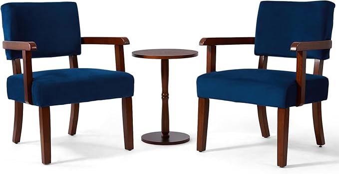 Accent Chair Set of 2 with Table Living Room Chairs with Velvet Soft Seat &amp Armrests for Living Room Bedroom Reading Room Waiting Room (Velvet Navy)