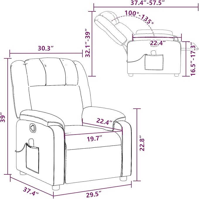 vidaXL Massage Recliner Chair for Living Room Adjustable Recliner with 6-Point Vibration Massage Home Theater Seating with Padded Seat Backrest &amp Side Pocket Grey Leather