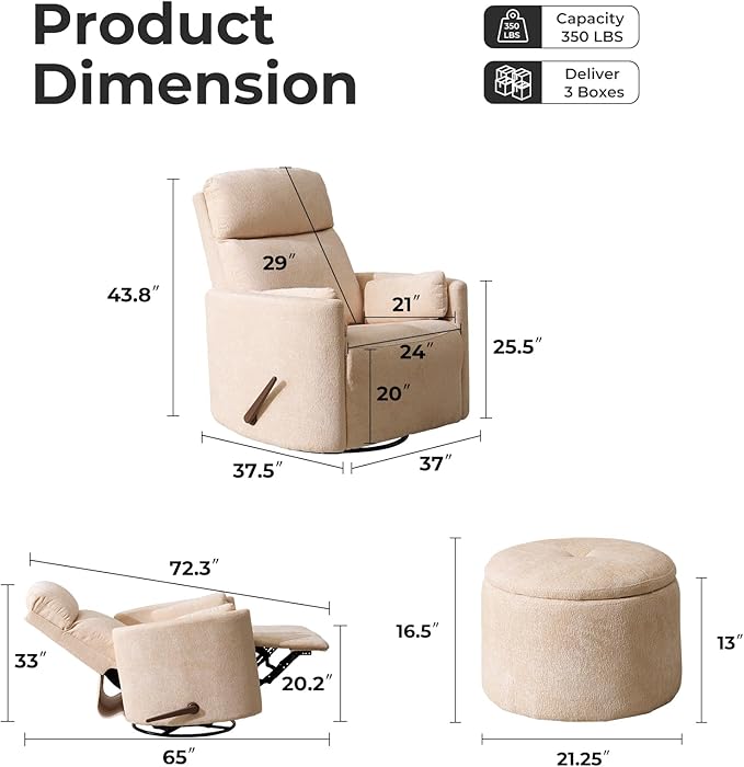 Oversized Swivel Rocker Recliner Chair with Massage and Heat Manual Swivel Glider Rocker Recliner with 2 Bolster Pillows Rocking Nursery Chair with Storage Ottoman  Adjustable Headrest Beige
