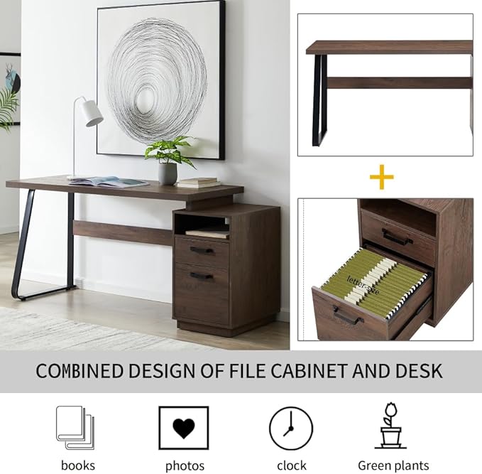 Home Office Computer Desk with Drawers/Hanging Letter-Size Files 65 inch Writing Study Table with Drawers