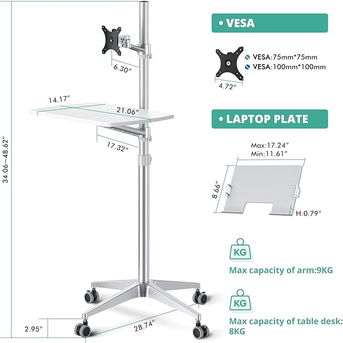 viozon Mobile DeskMobile WorkstationMulitiuse Rolling Laptop Floor Stand34-48.6 Height AdjustableCompatible with 17-27Monitor&amp12-17Laptop21×14 Desk BoardMaxload 17.6lbs4 Lockable Wh