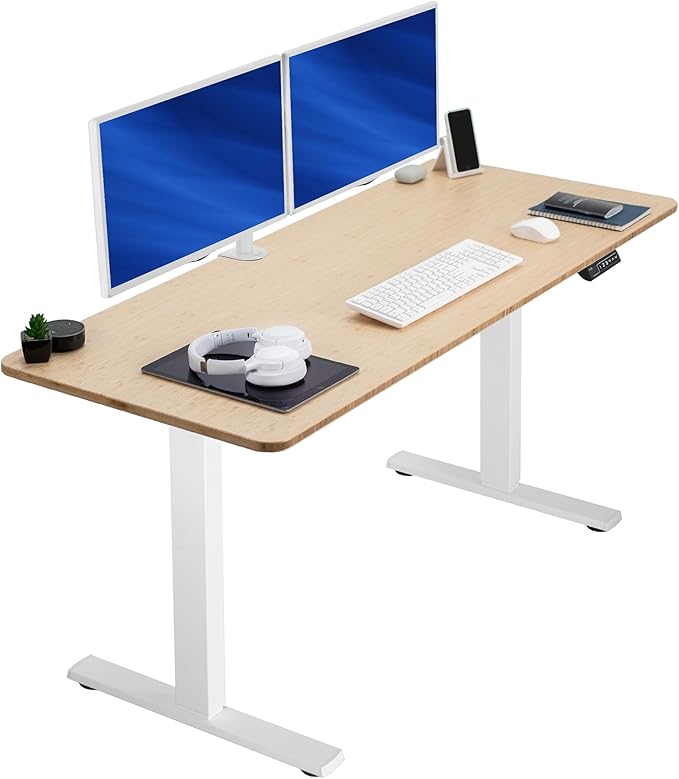 VIVO Electric 60 x 24 in Real Bamboo Standing Desk Memory Height Adjustment 1B Series Holds 220 lbs One-Piece Top White Frame DESK-KIT-1W6O