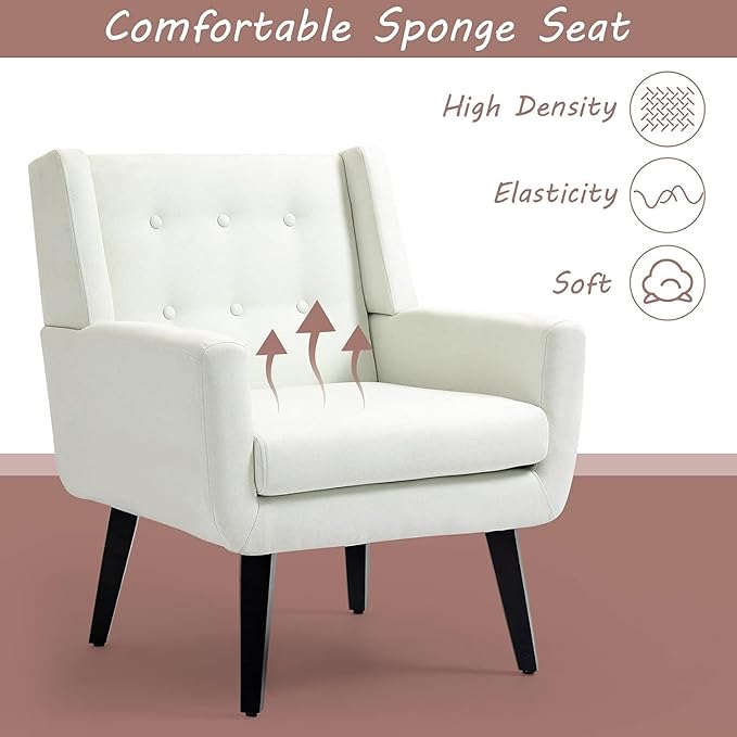 AVAWING Accent Chair Comfy Button Tufted Armchair with Wood Legs Modern Fabric Single Seat Side Reading Chair for Living Room &amp Bedroom White
