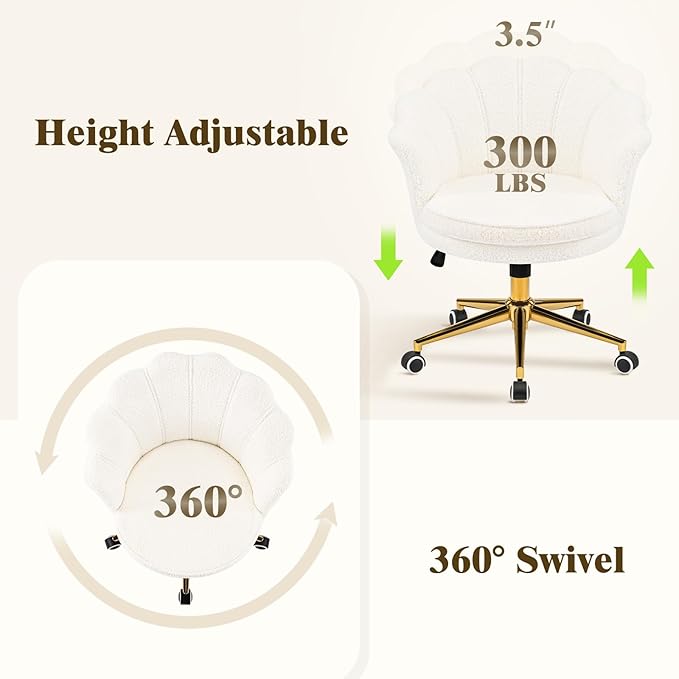 Vanity Chair with Back and Wheels Faux Fur Cute Home Office Desk Chair Upholstered with Gold Base and Petal Arm Comfy Makeup Chair Swivel Adjustable for Task Living Room Bedroom White