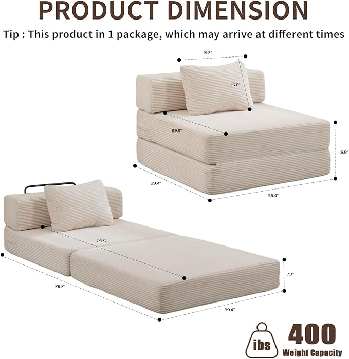 Folding Sofa Bed Convertible Sleeper Chair with Pillow Single Sofa with Back Support Portable Fold Out Chair Cloud Couch Bed Comfy Floor Sofa Lounge for Living Room Bedroom White
