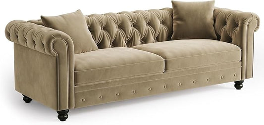 ONBRILL 82 Inch Chesterfield Sofa 23 Inch Deep Seat Velvet Couch for Living Room Button Tufted Couch with Rolled Arms 2 Throw Pillows Comfy Vintage Loveseat Sofa for Apartment Taupe