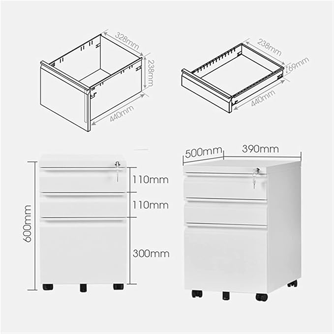 File Cabinet Office File Cabinet Locked Modern Wood Filing Cabinet Black/White 3 Drawers with Adjustable Wheels 48 * 39 * 60Cm (Noir)