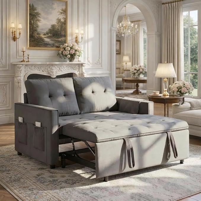 Sofa Bed Pull Out Couch with Side Pockets 3 in 1 Velvet Fabric Loveseat Sleeper Sofa Bed Pull Out Couch with Adjustable Backrest for Living Room Bedroom Apartment Gray 53 Inch