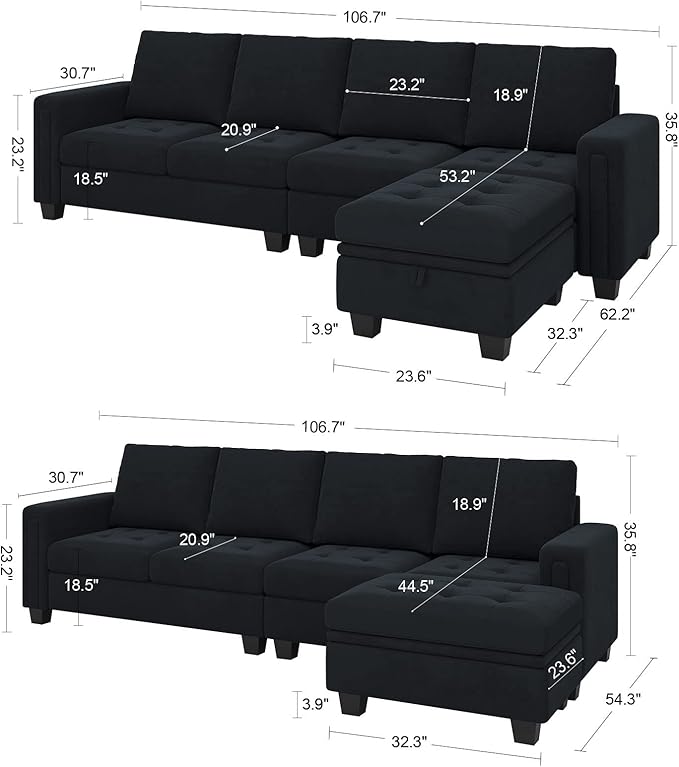 Belffin Velvet Reversible Sectional Sofa with Chaise Convertible L Shaped 4-seat Sectional Couch with Storage Ottoman Black