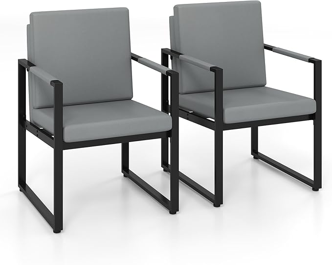 KOMFOTT Metal Frame Accent Chair Set of 2 Faux Leather Modern Industrial Single Sofa Chairs with Upholstered Cushions Armrests Comfy Armchair for Living Room Home Office Reception (Grey)