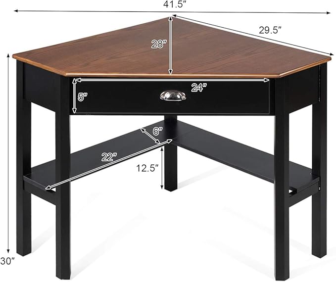 RELAX4LIFE Corner Computer Desk Triangle with Drawer and Shelves Stable Laptop PC Table Home Office Writing Desk Study Workstation Desk (Coffee)