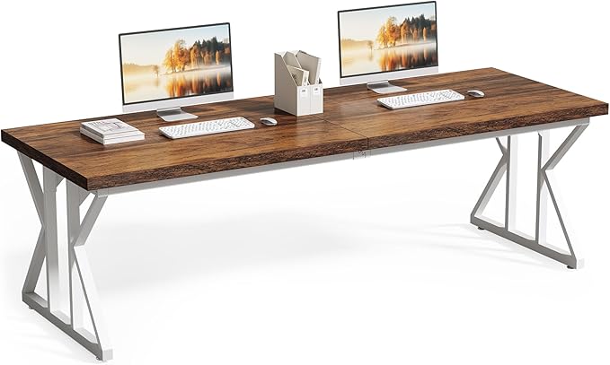 LITTLE TREE 78.7 Inch Large Executive Desk Modern Computer Office Desk Wooden Writing Desk Study Table for Home Office Rustic Brown-White