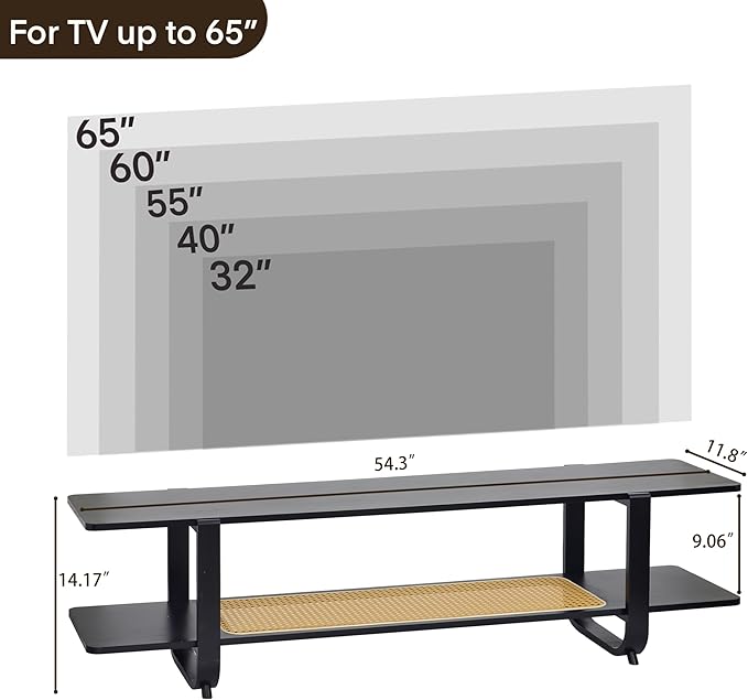 Bamboo TV Stand for TVs up to 65 Accent Entertainment Center with Storage Media Console Table with Shelf Modern TV Stand for Living Room Bedroom 54.3(L) Black